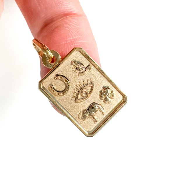 Lucky Symbols Dog Tag Charm Pendant 14K Yellow Gold - Picture 2 of 6